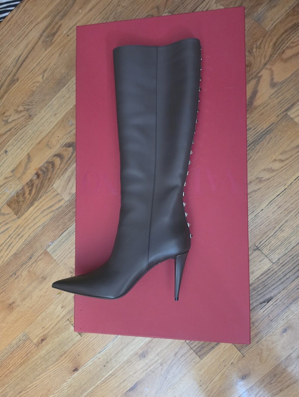 Valentino Tall Pointed-Toe Stiletto Boot in Dark Brown with Studded Back